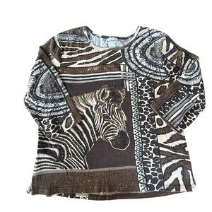 BonWorth Women's Vintage Zebra Print Beaded Blouse Size MP Safari Artsy 90s